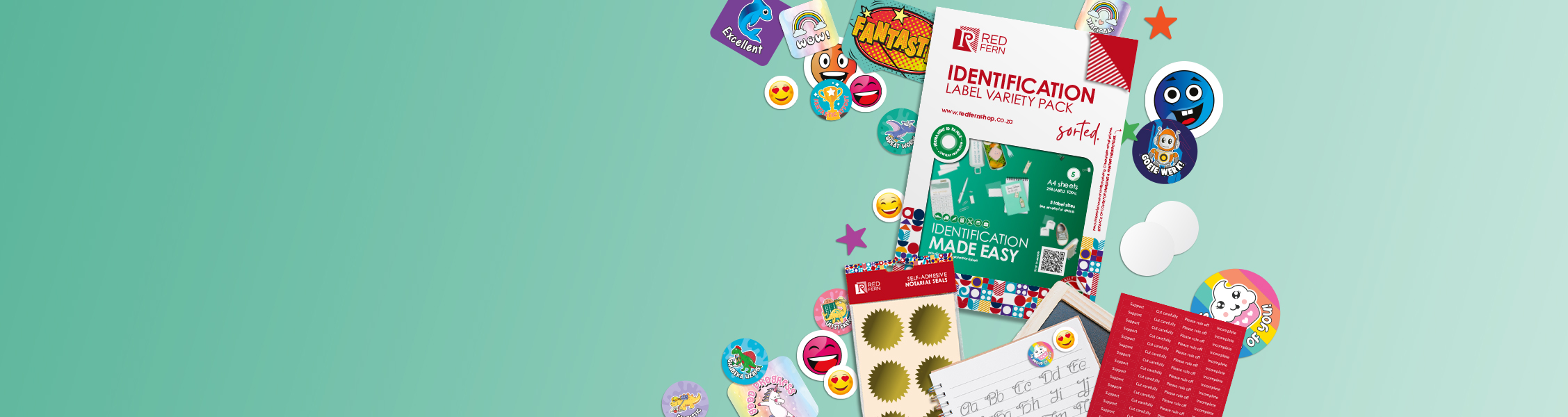 Colorful sticker collage with notebooks on a teal gradient background
